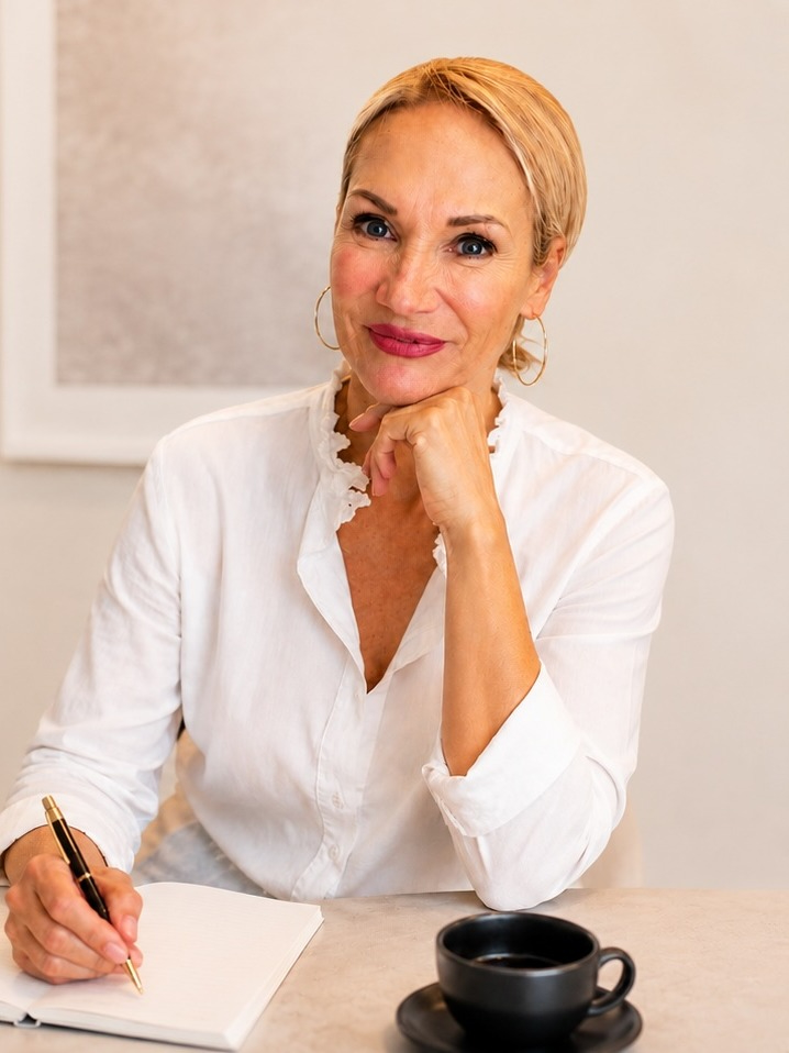 Anke Ames, Leadership-Expertin und Seelenbegleiterin - am Schreibtisch mit Notizbuch